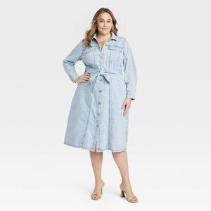 Women's Long Sleeve Shirtdress - Ava & Viv Light Wash 2X